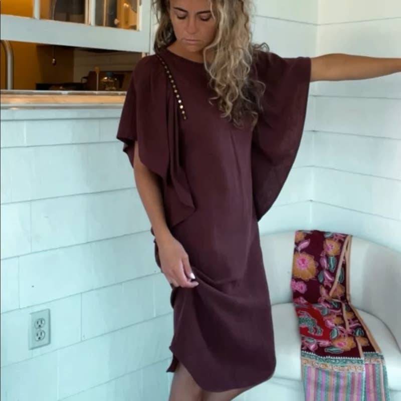 Ulla Johnson Raw Silk Ruffle Sequin Sleeve Dress XS 0 2 Rust Wine Brown