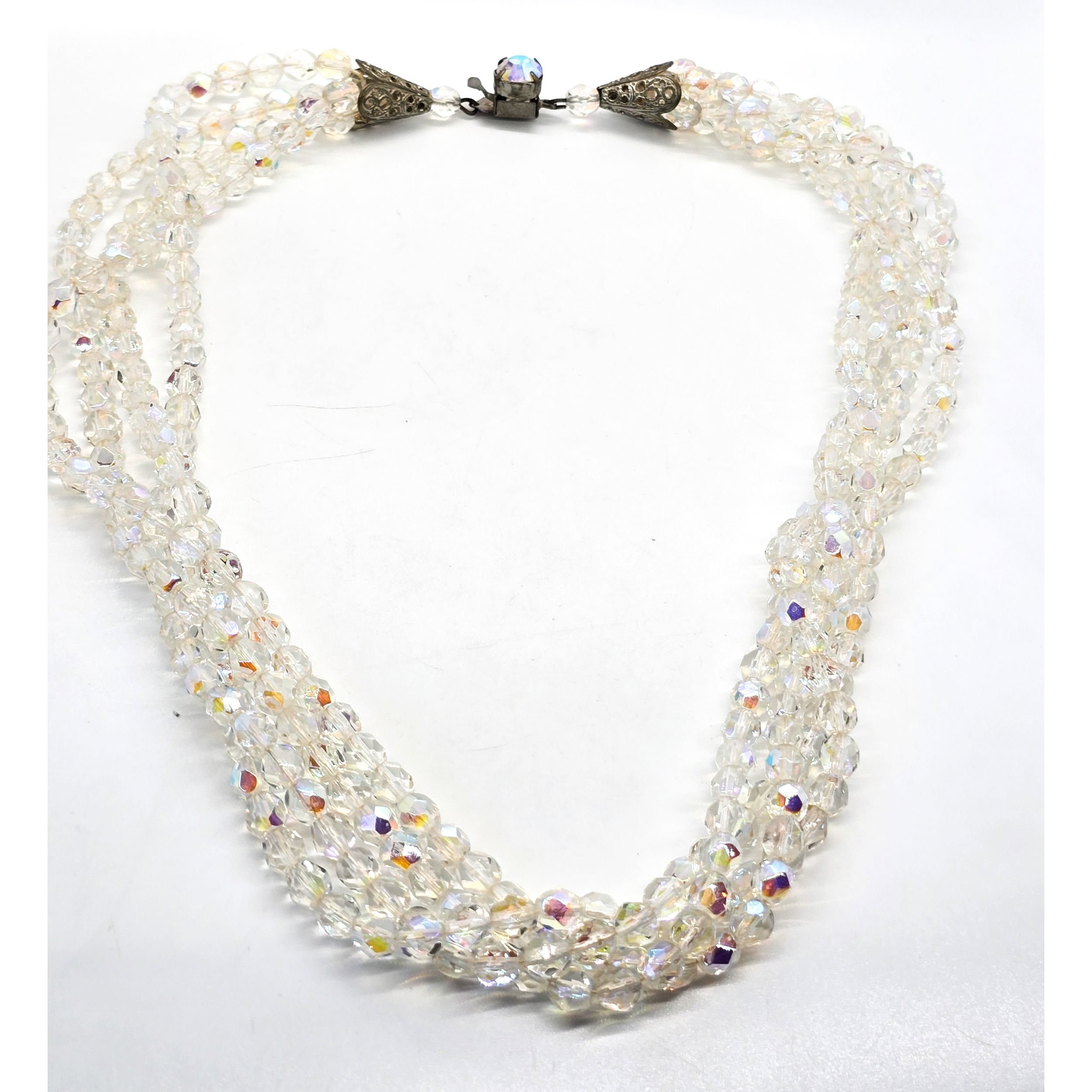 Austrian Crystal 4 strand twisted Aurora borealis rhinestone vintage necklace.