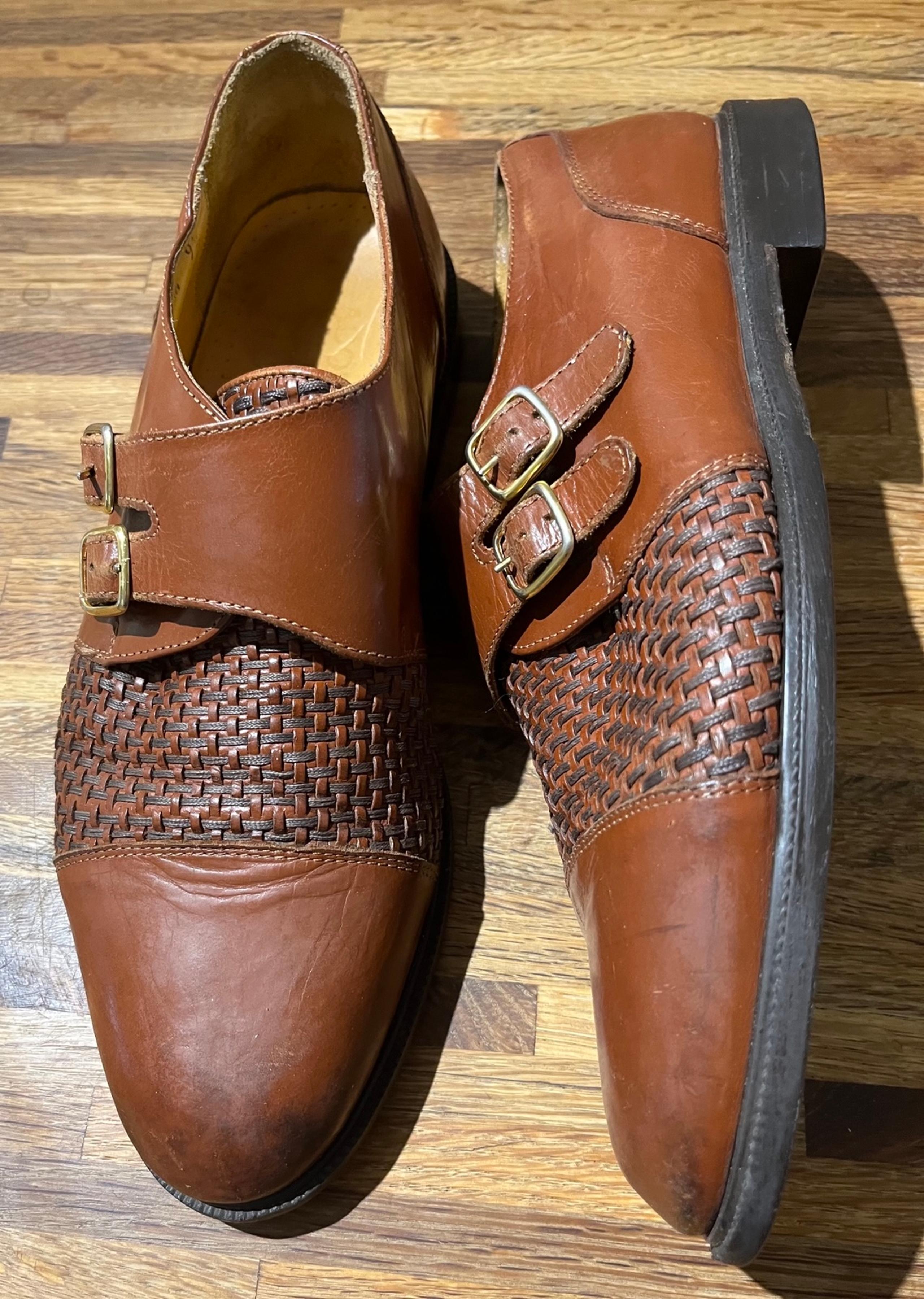 ADOLFO, Italy, men’s 9.5 M. Brown, leather woven monk strap shoes.