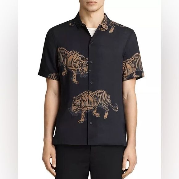 All Saints / Java SS Shirt Mens Small Tigers Black Hawaiian Button Down small S