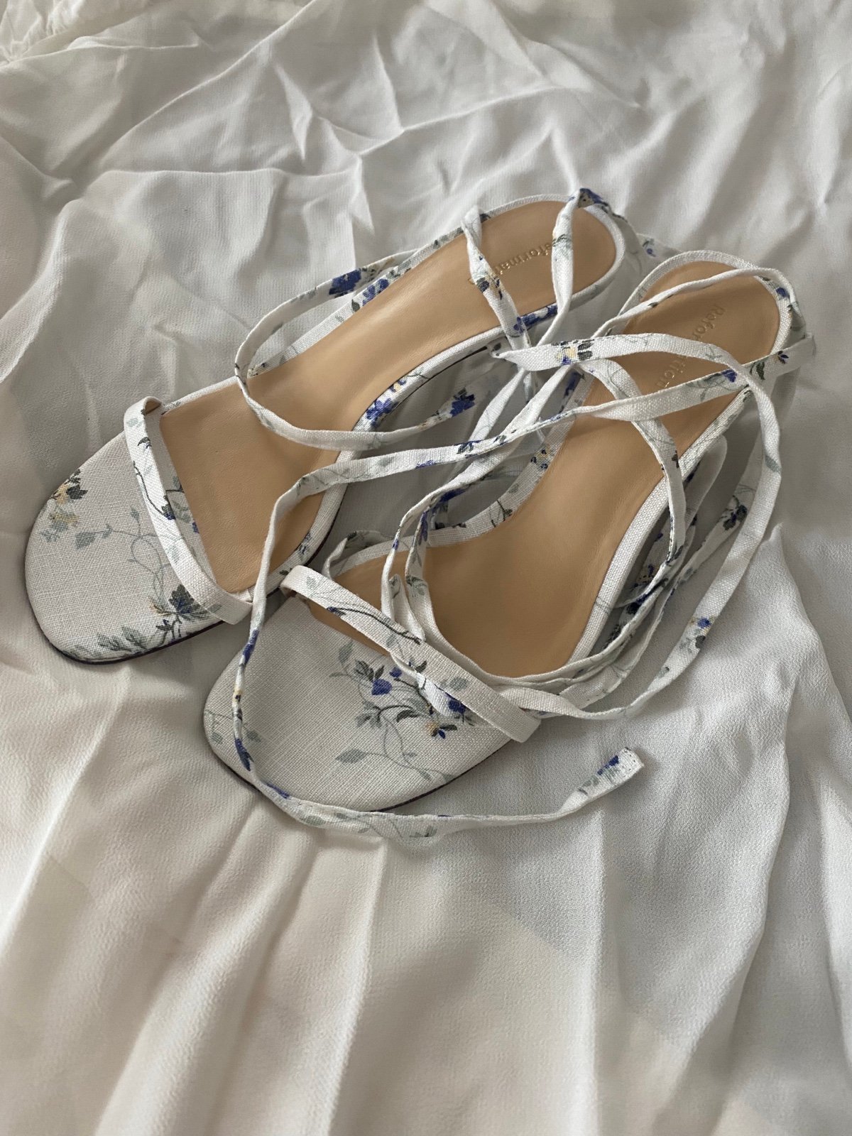 Reformation Lace Up Floral Kitten Heels