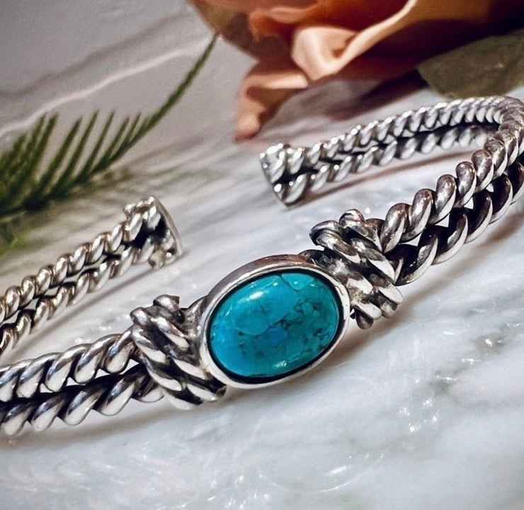 Vintage Genuine Turquoise Cable Cuff Bracelet. About 5mm Wide Sterling Silver