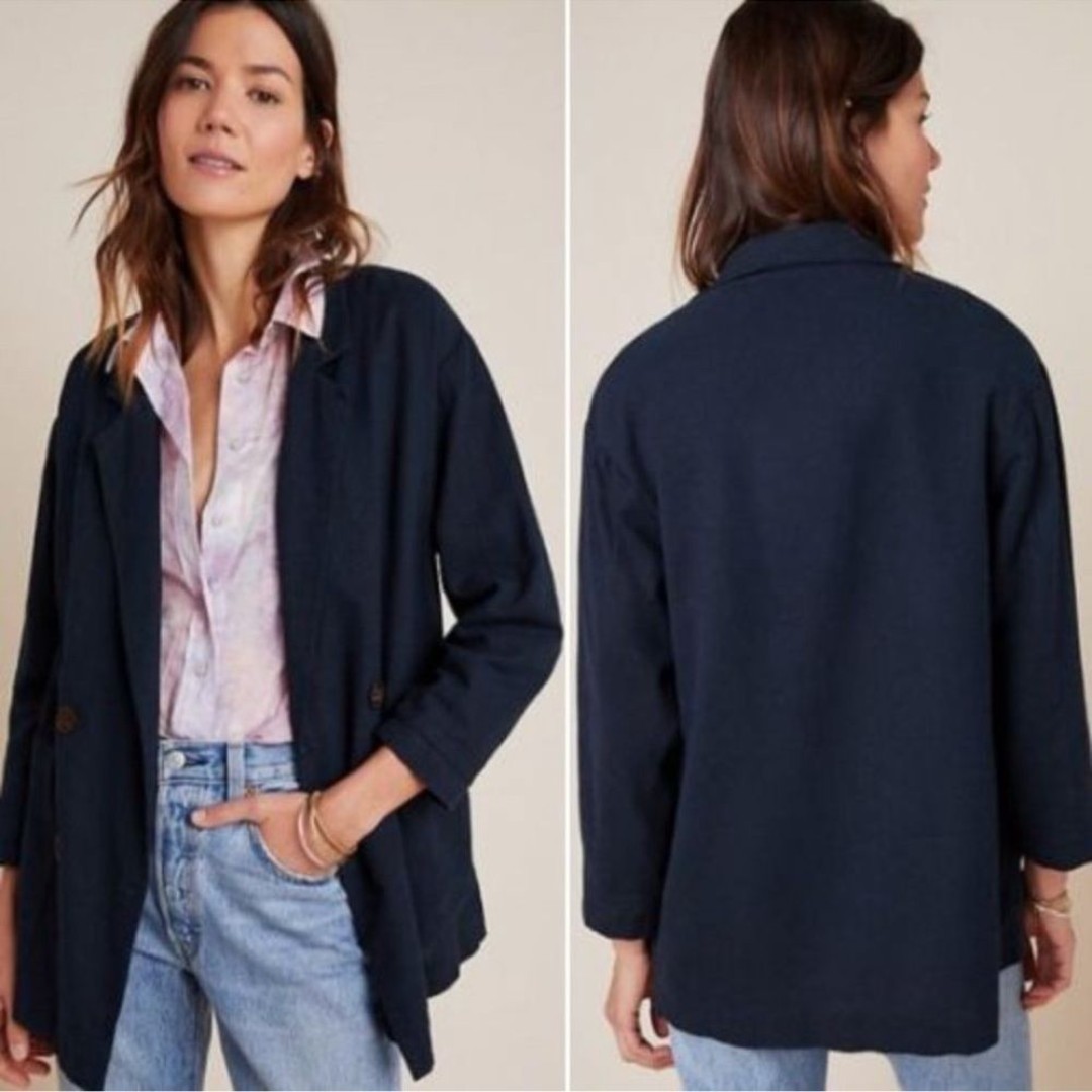 NWT Anthropologie Amadi Kaye Shine Navy Linen Blend Blazer Size S