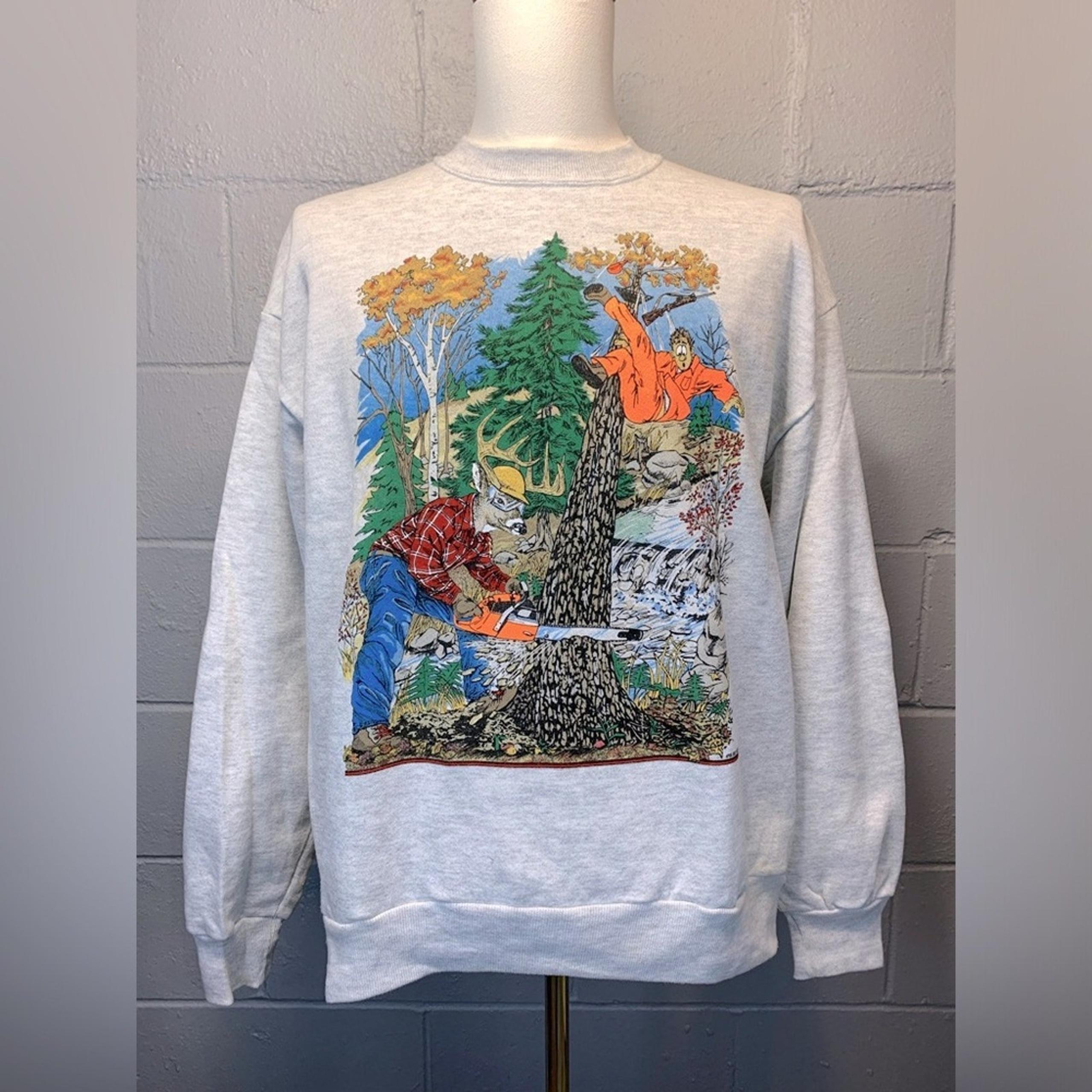 Vintage 90's Jerzees Crewneck Sweatshirt Gray Comedic Deer Hunter Theme Men's L