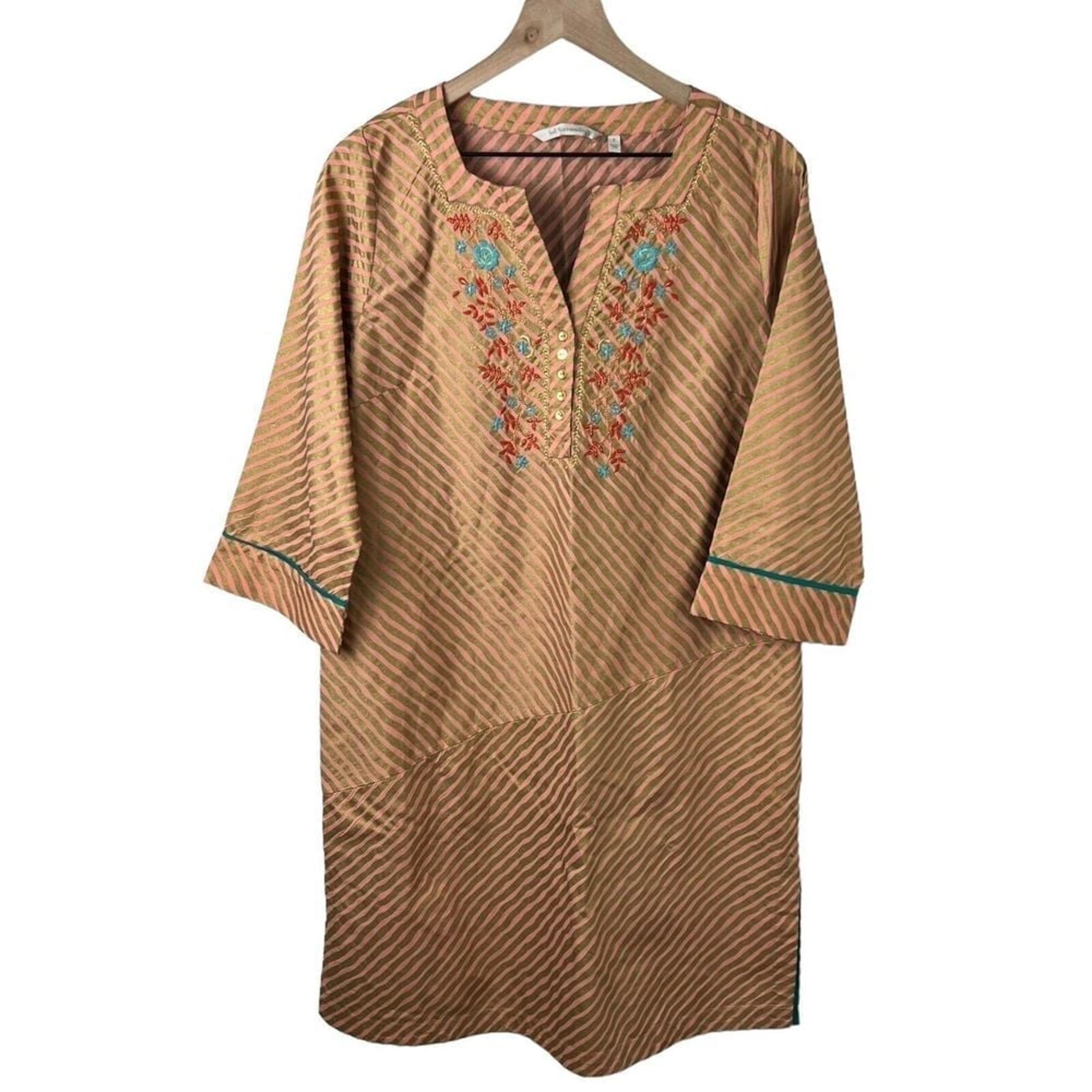Soft Surroundings Multicolor Stripe Floral Embroidered Salerno Tunic Dress Small