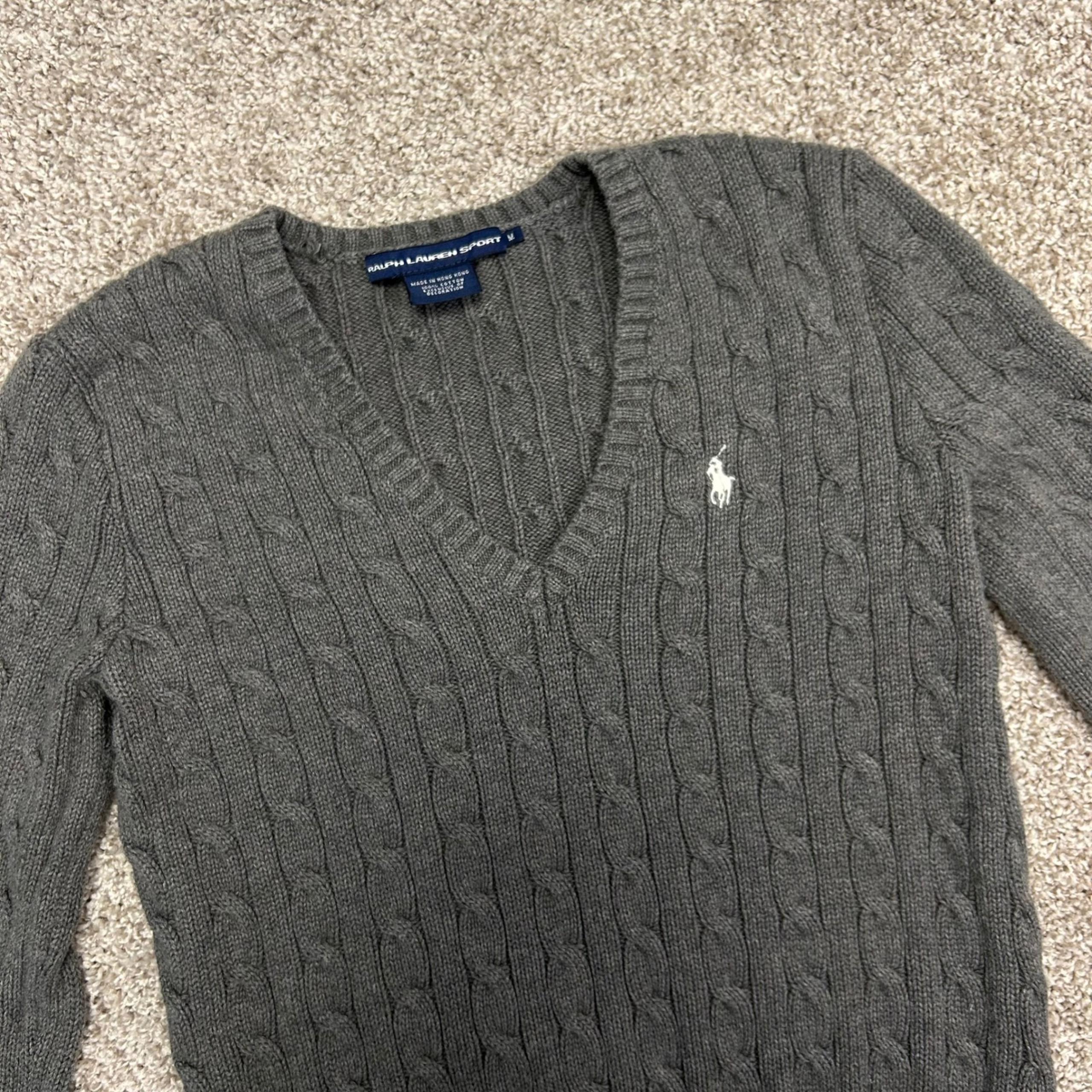 Vintage Ralph Lauren Sport Cable Knit V-Neck Sweater Women Medium Gray Preppy