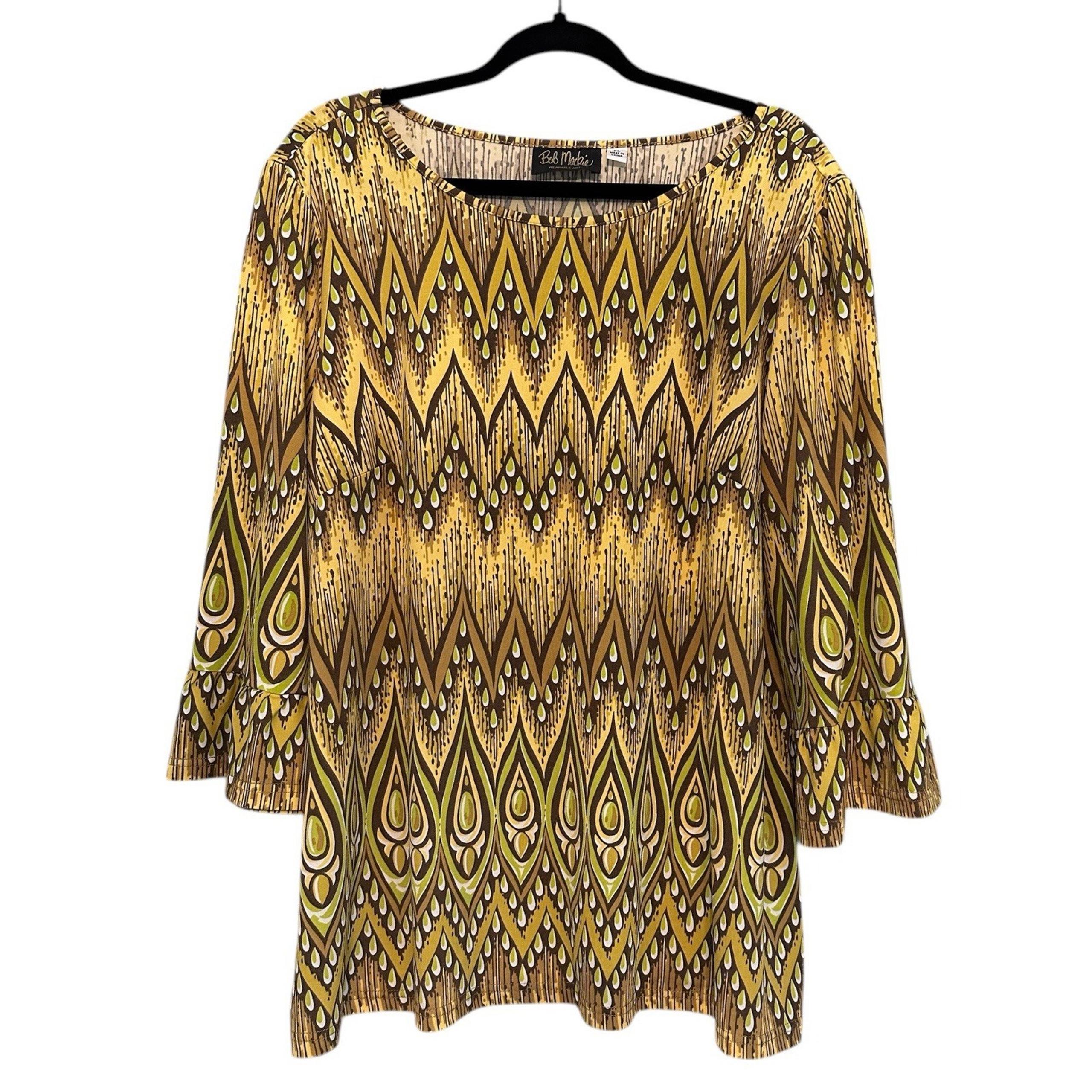 Bob Mackie Wearable Art Gold & Green Stretchy Tunic Top Blouse XL