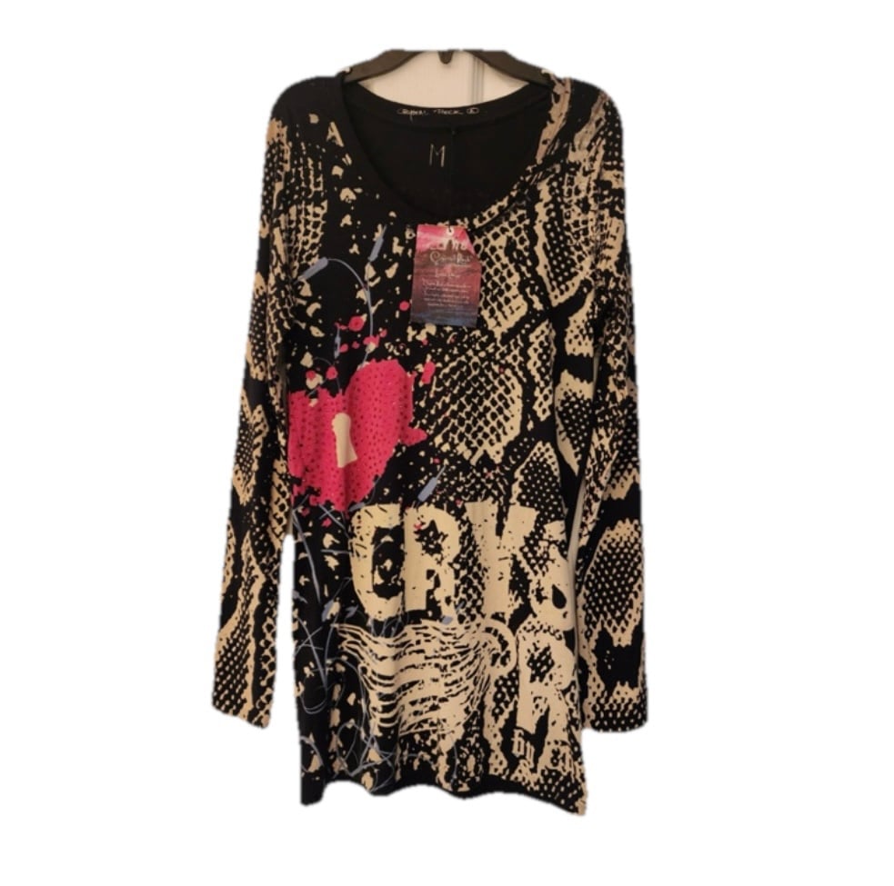 Christian Audigier Crystal Rock Snake Locket Women’s Black Tunic Size Medium