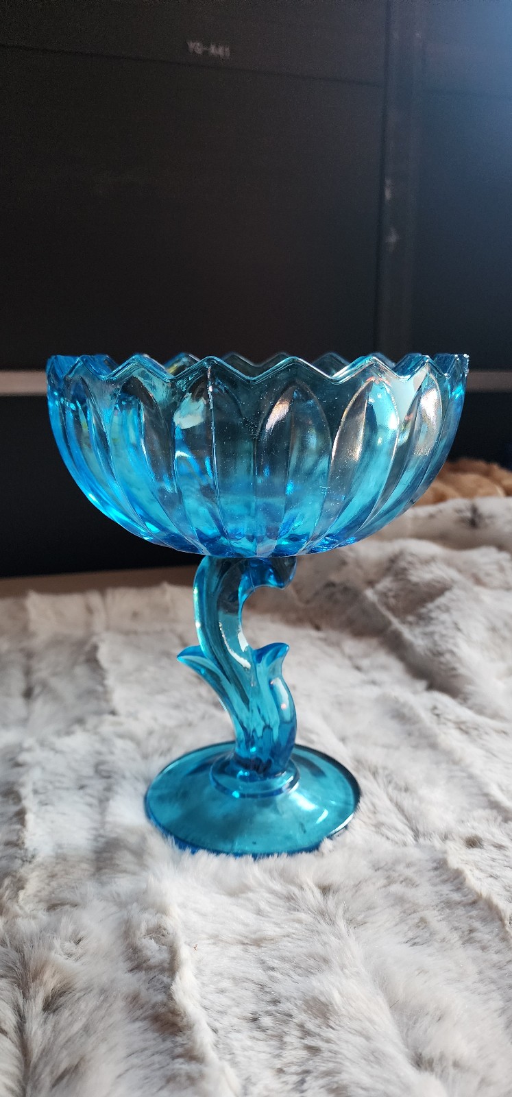 Vintage Indiana Glass Compote Tulip Shape Horizon Blue Candy Dish