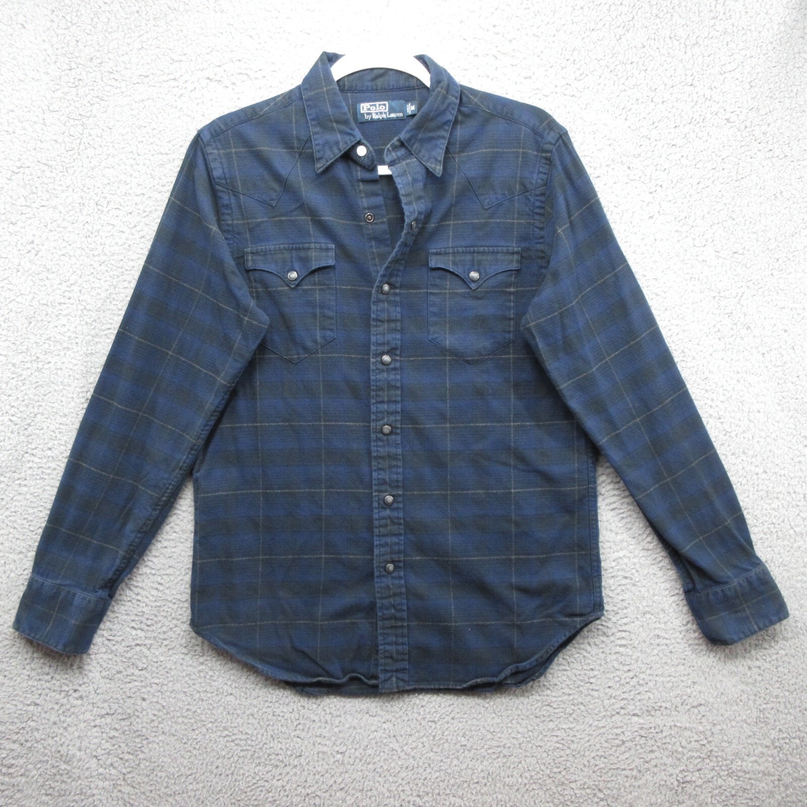 Polo Ralph Lauren Western Pearl Snap Plaid Flannel Long Sleeve Shirt Mens M Blue