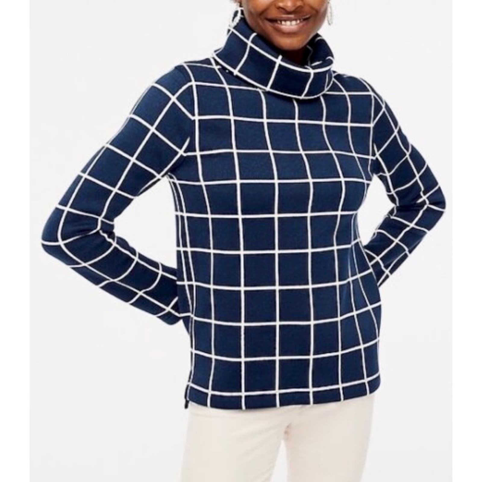 J. CREW • Navy Blue/White Square Grid Windowpane Long Sleeve Turtleneck Sweater