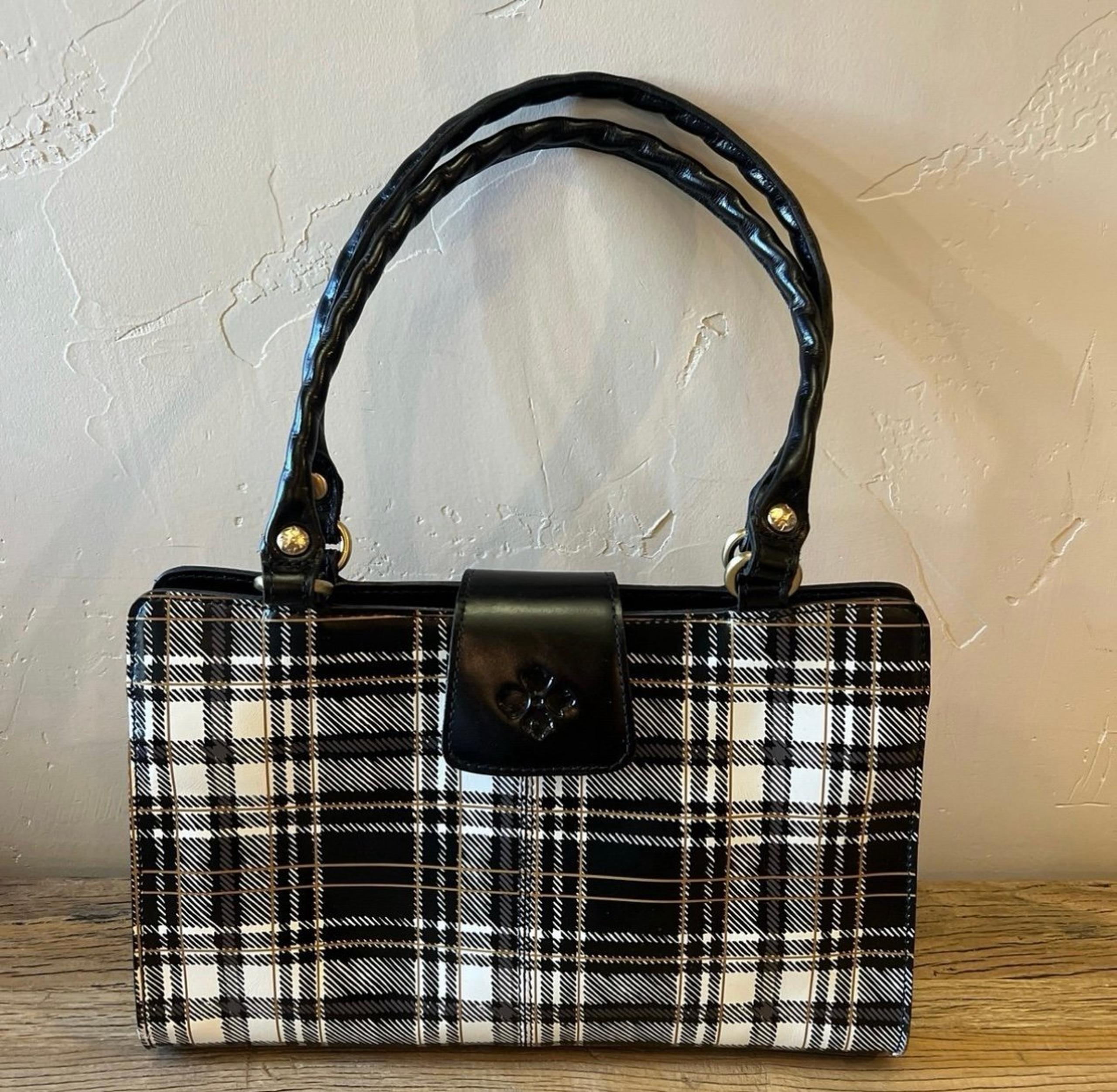Patricia Nash Rienzo Satchel Leather Black and White Plaid Purse