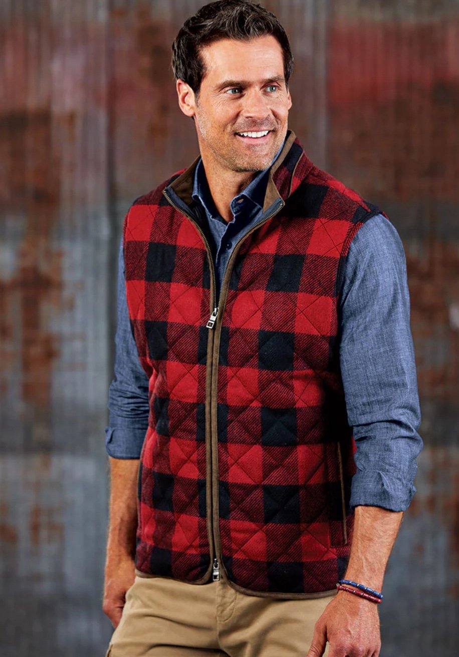 Peter Millar Essex Quilted Travel Vest Shetland Wool Buffalo Plaid L, XL
