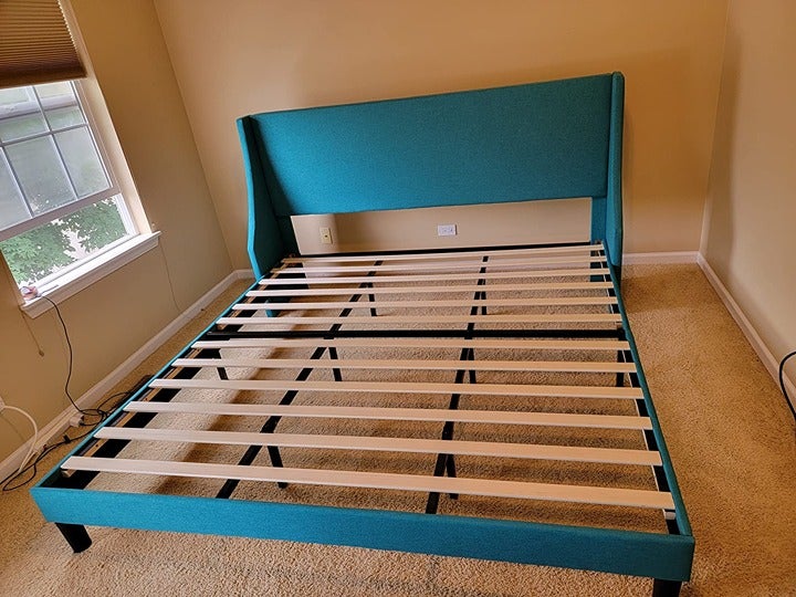 NEW Modern King Size Bed Frame with Upholstered Headboard, Wood Slat Support