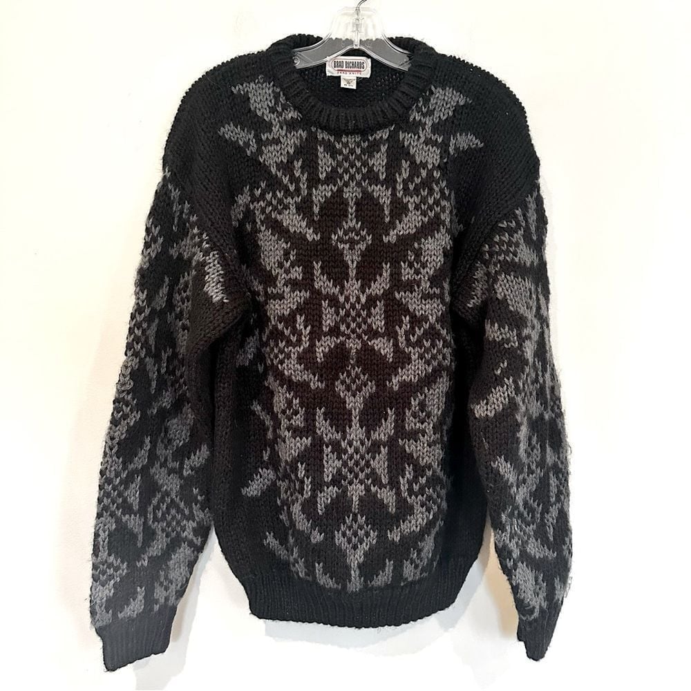 Brad Richards Vintage 80s Hand Knit Grandpa Sweater Men's Medium Black Chunky