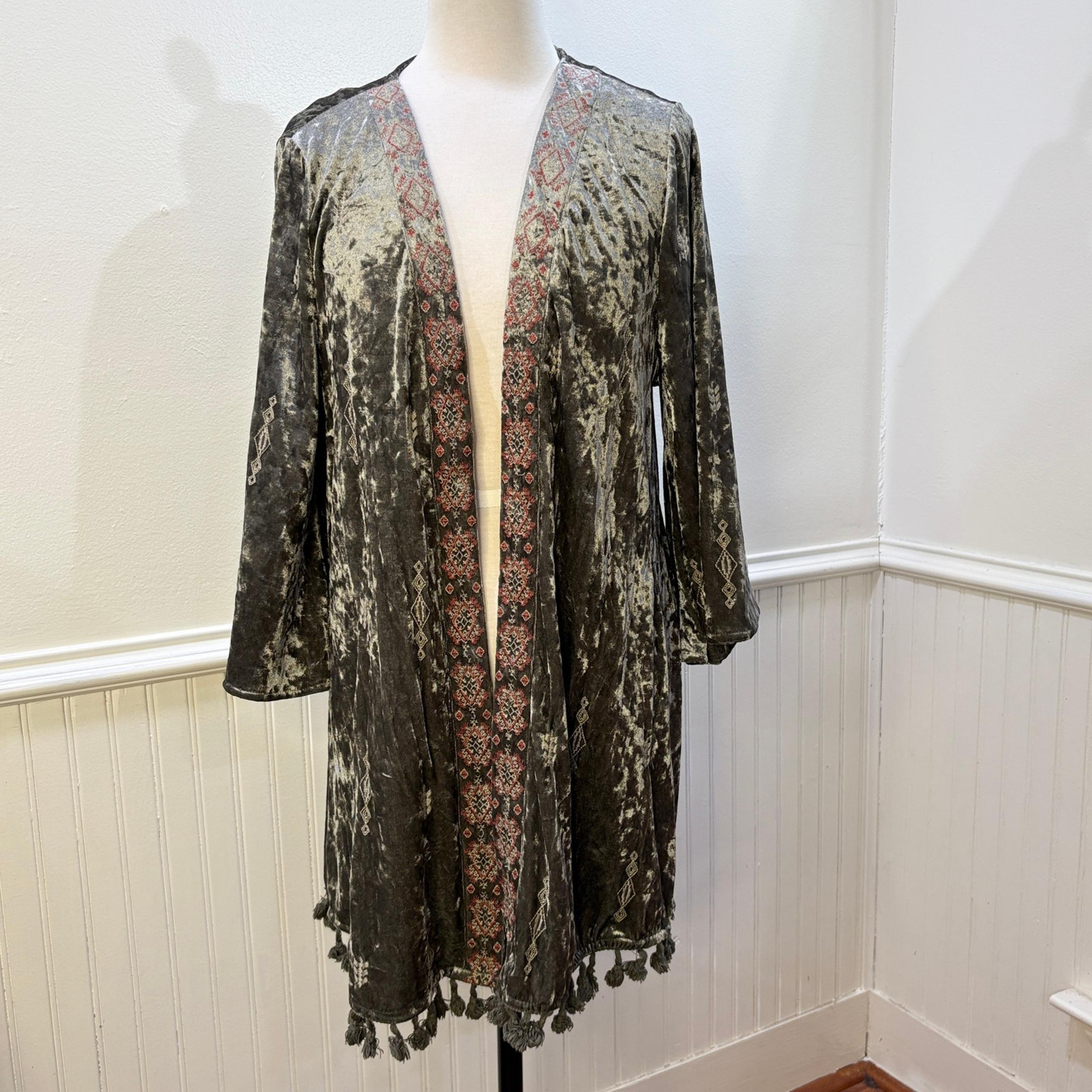 Easel Size S Cardigan Crushed Velvet Embroidered Kimono Fringe Boho Fairy Grunge