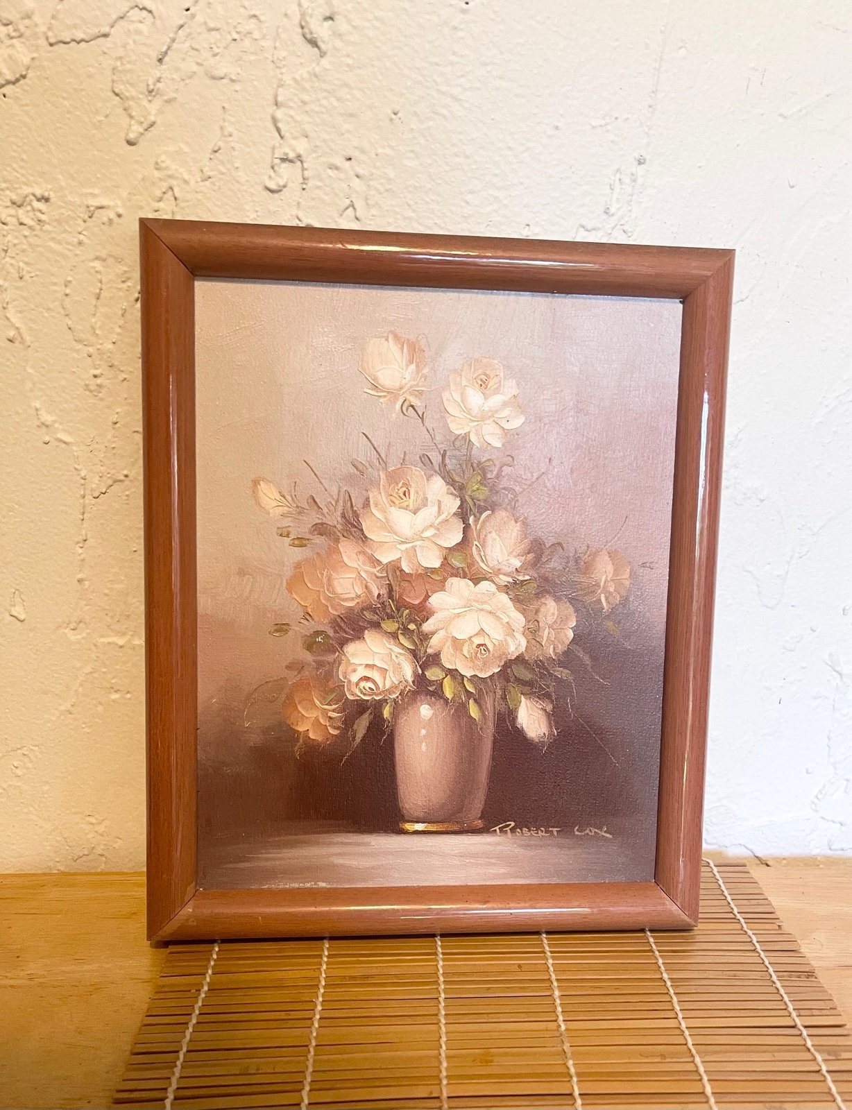Vintage 1970 Robert Cox “Pink Roses” still life on canvas oil Painting 9”x11”