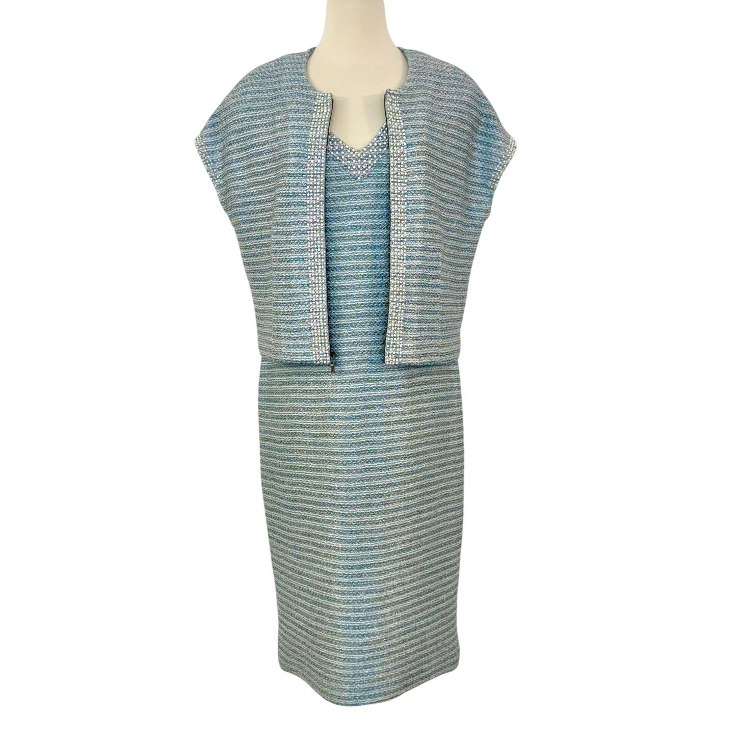 St. John Knit 2 Piece Set Striped Shimmery Embellished Dress and Cardigan 12