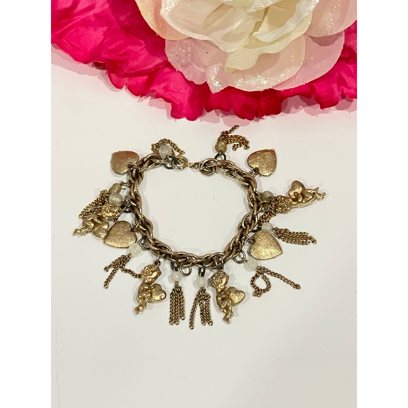 Vintage Lovely Golden Ladies Bracelet With Hearts Angels