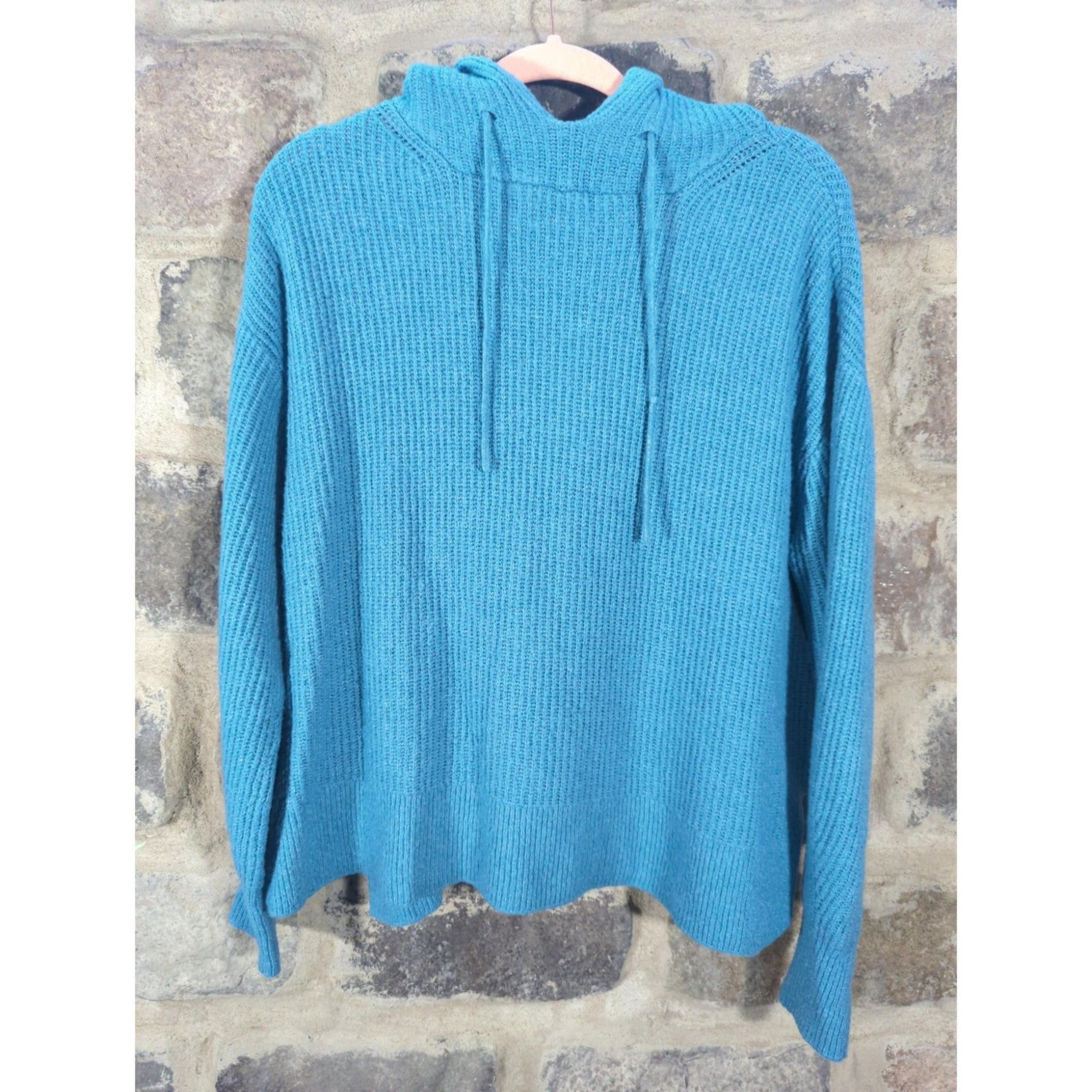 Lou & Grey Sweater Blue Woman's Medium Balloon Sleeve Hooded Coastal Cozy