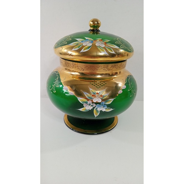 Vintage Moser Bohemian Green/Gold Glass Jar Hand Painted Flowers