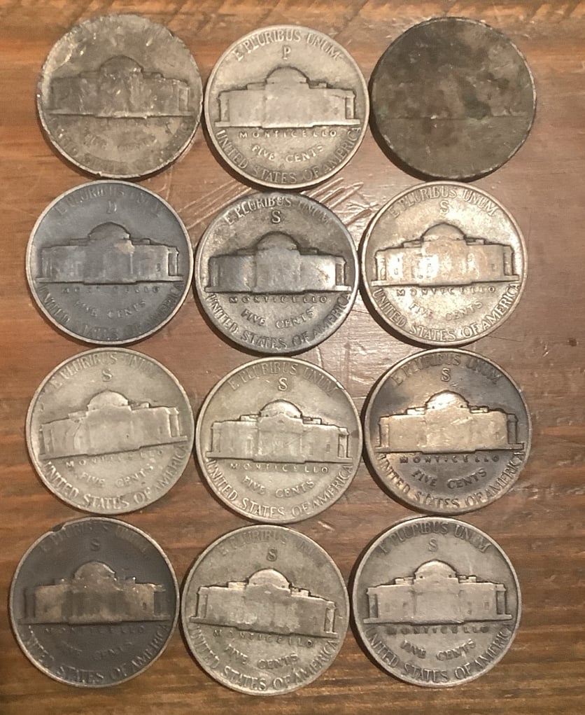 12 Jefferson Silver War Nickels 1943 1944 1945 mostly From San Francisco S coins