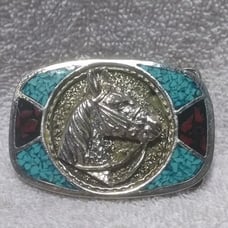 3d Horse Head Turquoise Corel Embedded Stones Silver Frame Buckle Mint Shape