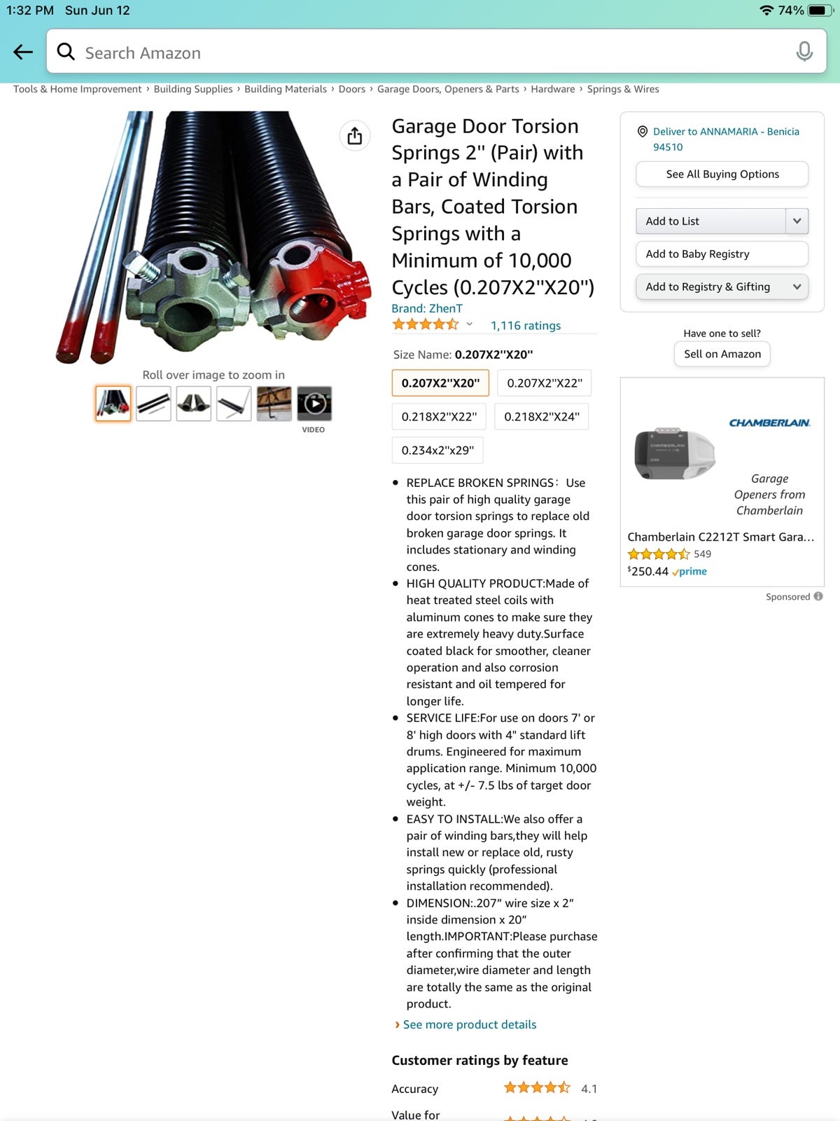 Garage Door Torsion Springs 2'' (Pair) with Non-Slip Winding Bars, Coated Torsio