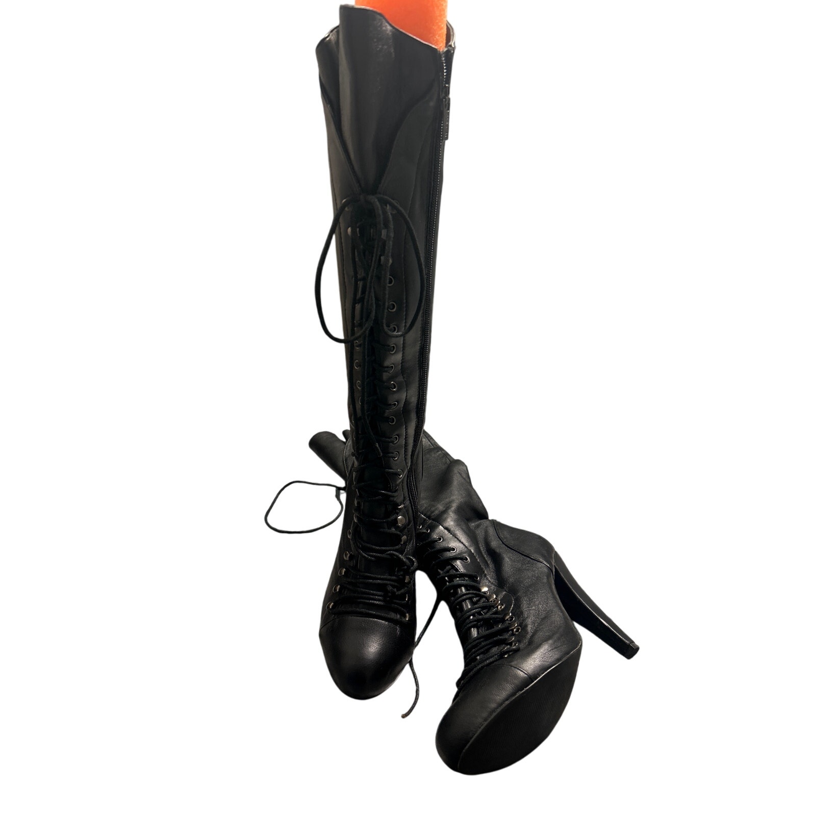 NWOT Colin Stuart Women's Knee High Black Leather Boots Lace Up 4 Heel Sz 8