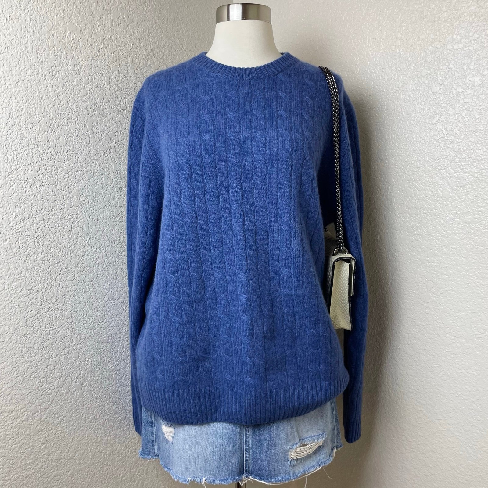 Daniel Bishop Blue 2 Ply Cashmere Cable Knit Sweater