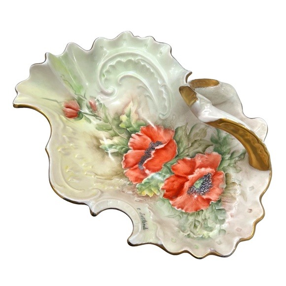 VINTAGE GERALD PORZELLAN FLORAL POPPIES DISH WITH GOLD HANDLE & TRIM #6620
