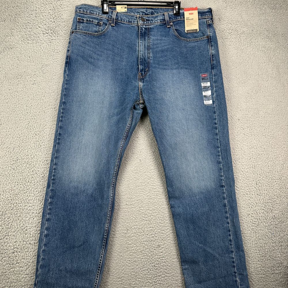 Levis 505 Regular Straight Leg Jeans Men 40X30 Blue Distressed Stretch Denim NEW