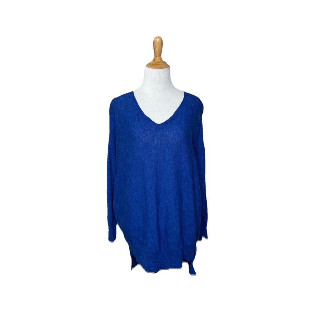 Eileen Fisher Blue Linen Cotton High Low Hem Long Sleeve Pullover Sweater Sz S