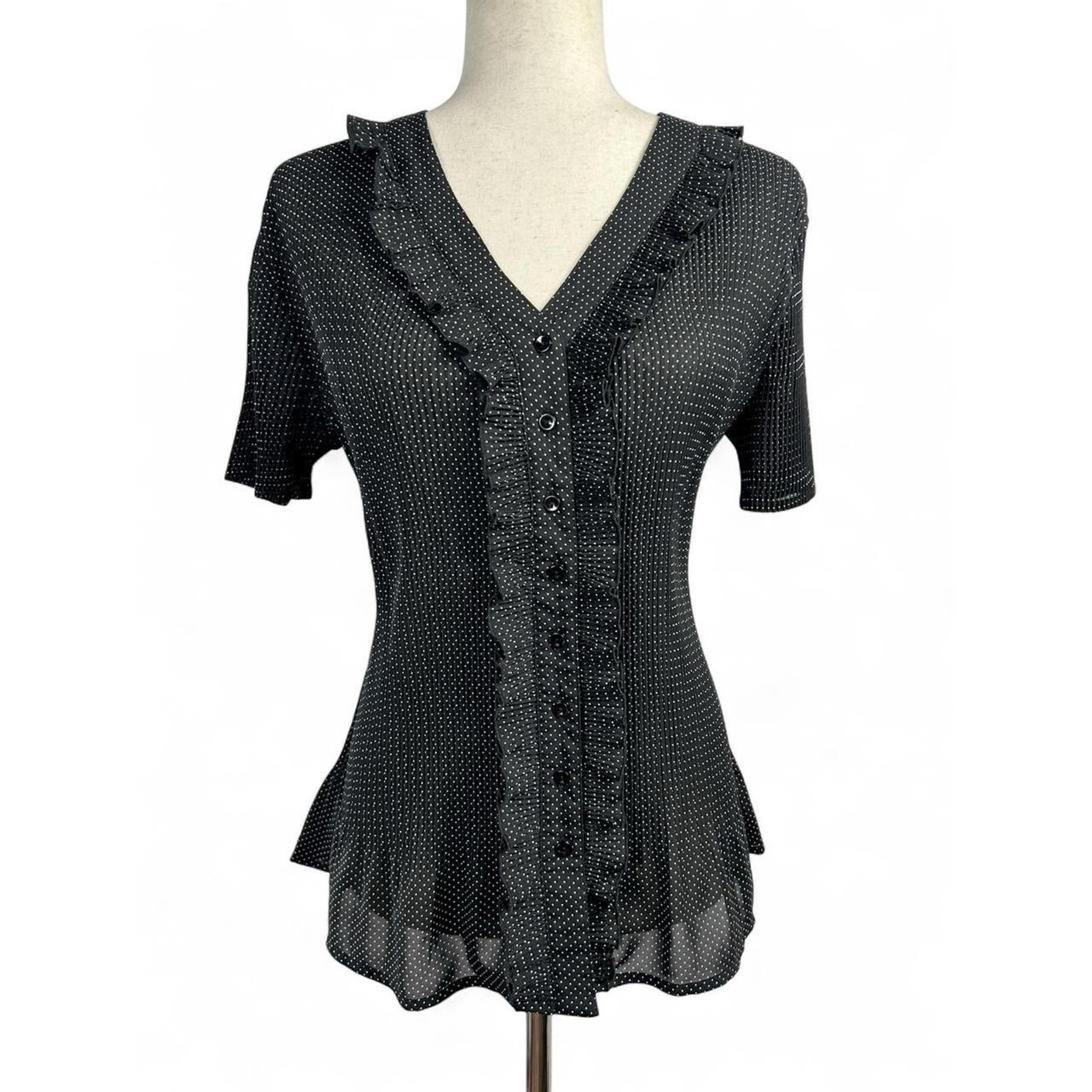 Vintage Y2K Black White Polka Dot Ruffles Button Up Short Sleeve Blouse Stretchy