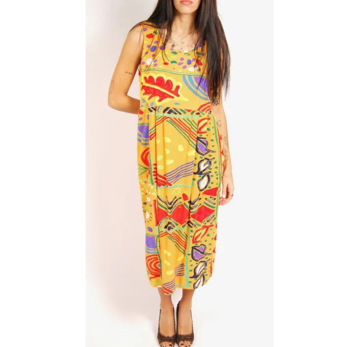 Vintage Jams World Multicolor Scoop Neck Hawaiian Maxi Dress Pockets Size Small
