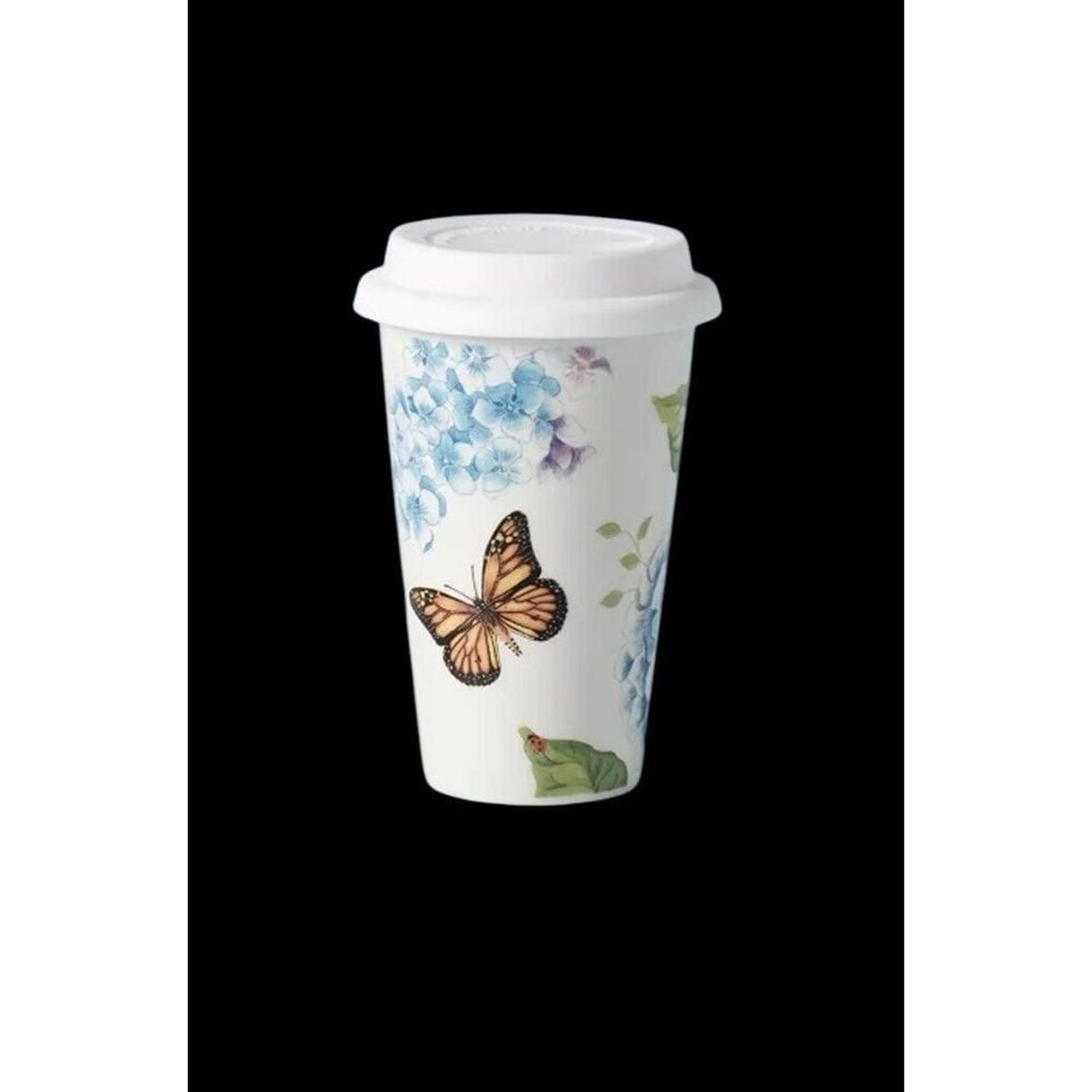 New Lenox Ceramic Thermal Travel Mug Butterfly Meadow Tumbler 10oz Silicone Lid