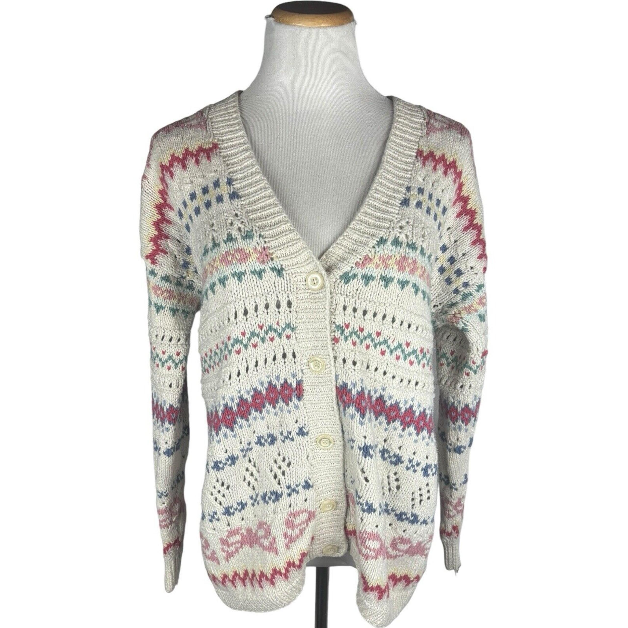 Hand Knit Vintage Bow Cottage Chunky Cardigan Van Heusen Large Pink Whimsical