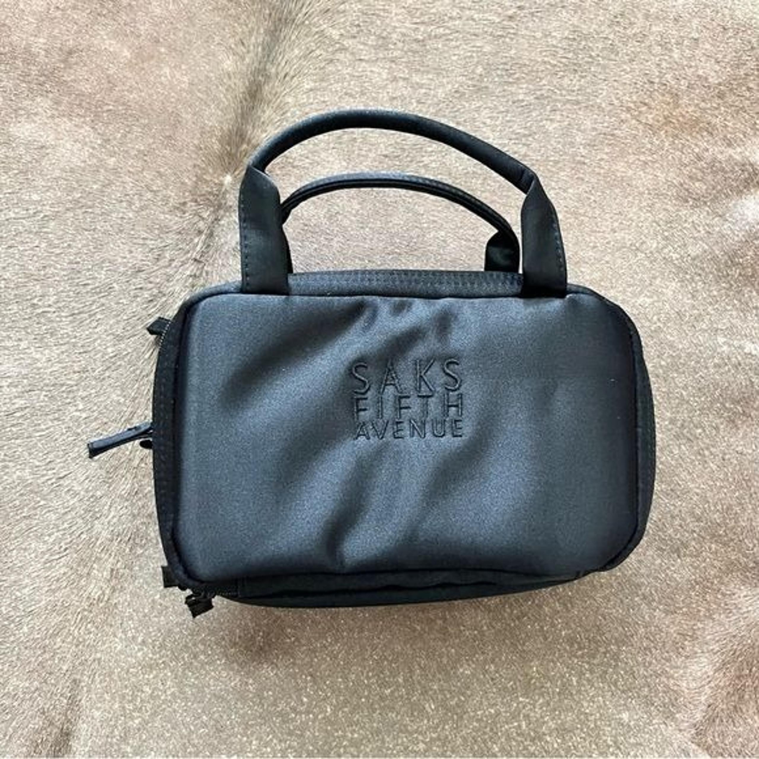 Saks Fifth Ave Black Satin 3 Compartment Makeup Travel Bag Cosmetic Case