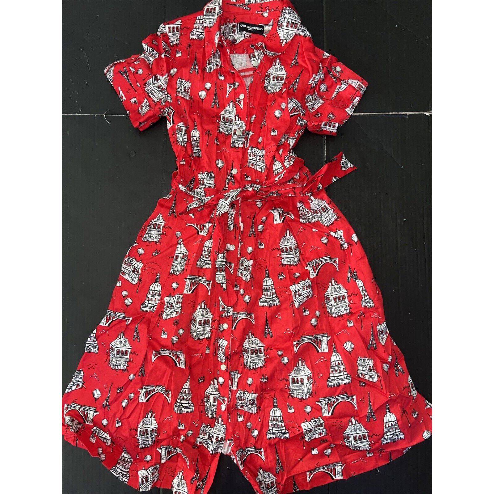 Karl Lagerfeld Paris S DRESS Red White Conversational Print Tie Belt SHIRTDRESS