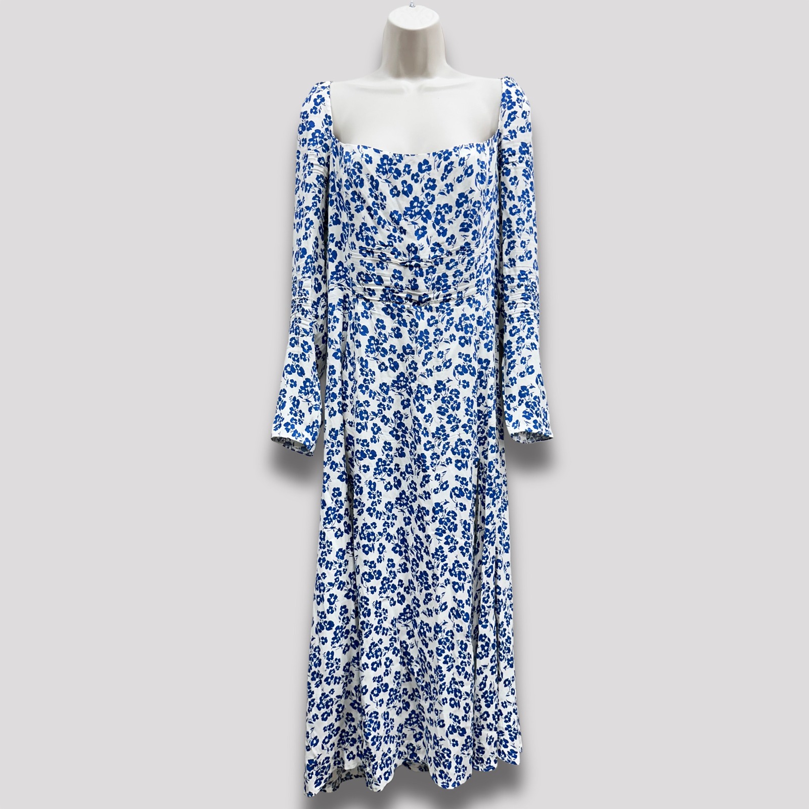 Reformation Sigmund Dress Womens 12 Blue White Floral Square Neck Midi Maxi