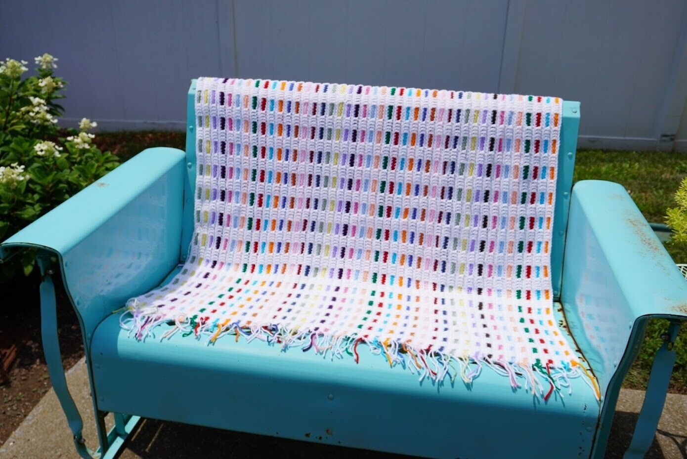 Handmade Afghan Crochet Blanket White and Multicolor Reversible Fringe 48 x 46