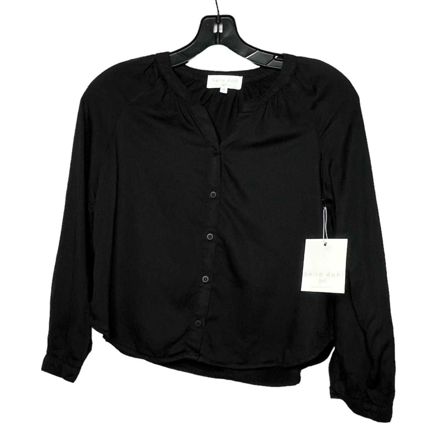 Bella Dahl Girls Black Gathered Button Long Sleeve Top 100% Tencel New Size 10