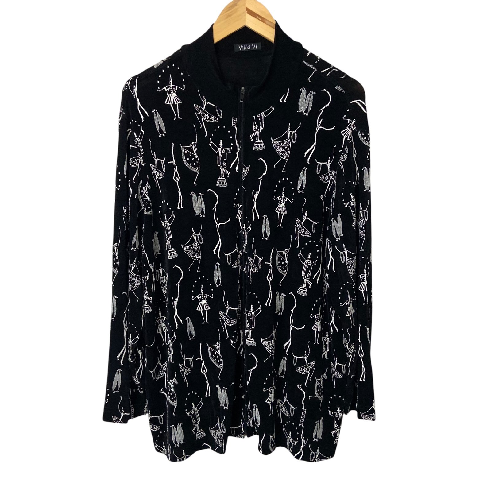 Vikki Vi Slinky Knit Full Zip Jacket Quirky Print Black White Plus Artsy 1X