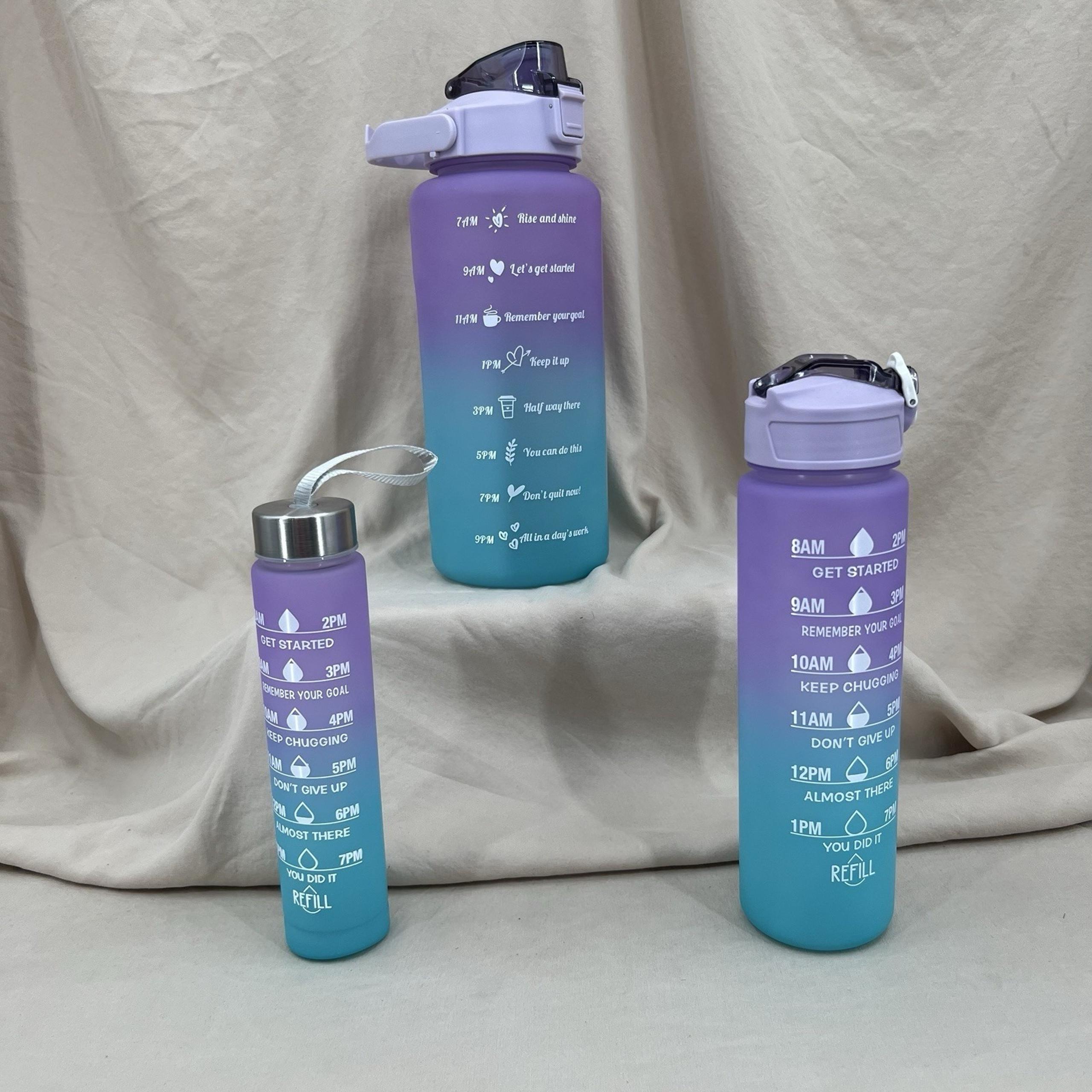 Water Bottle Set of 3 67 25 & 10* oz Daily Reminder Bottle Straw Purple Blue