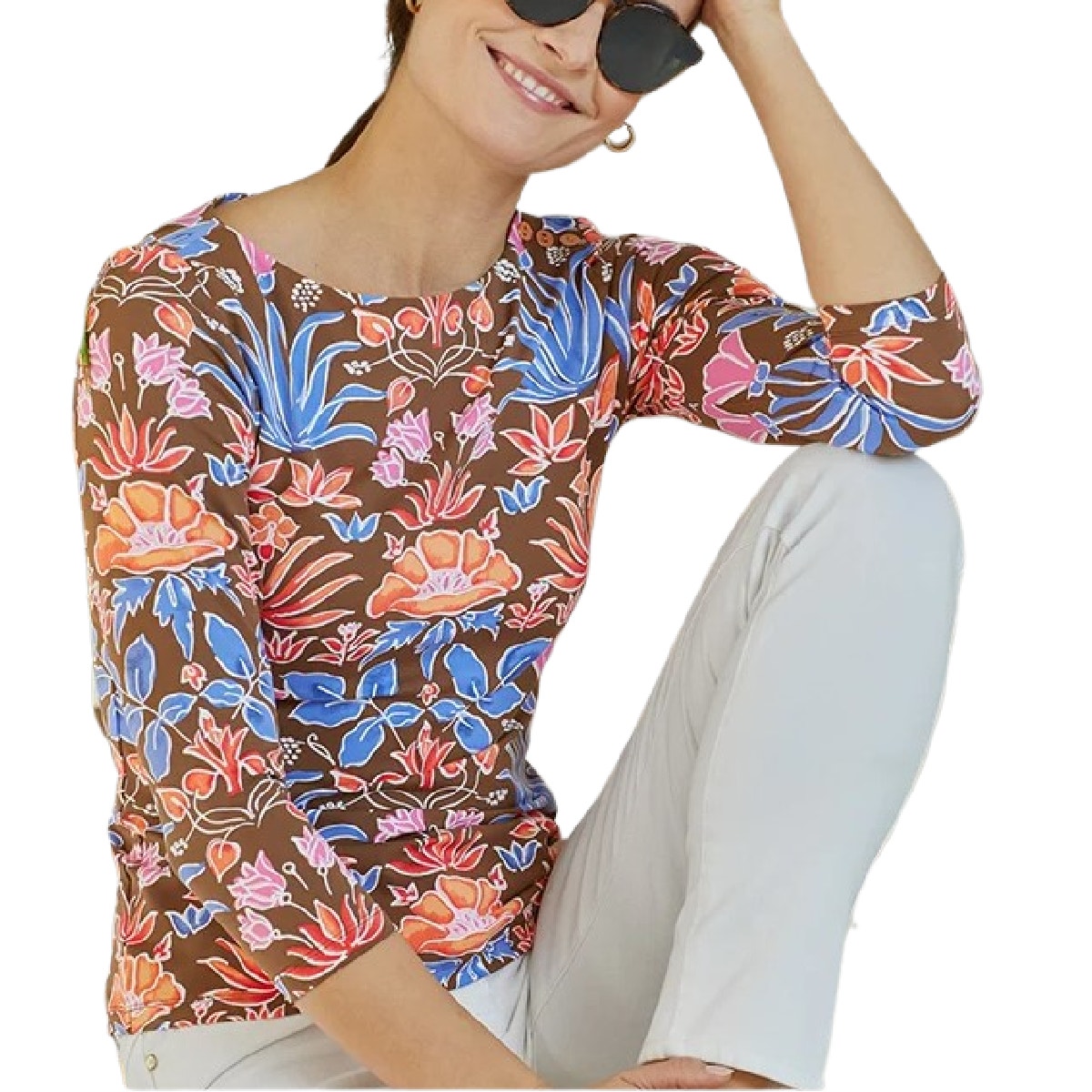 J McLaughlin Wavesong Tee Brown Floral 3/4 Sleeve Top Size XS