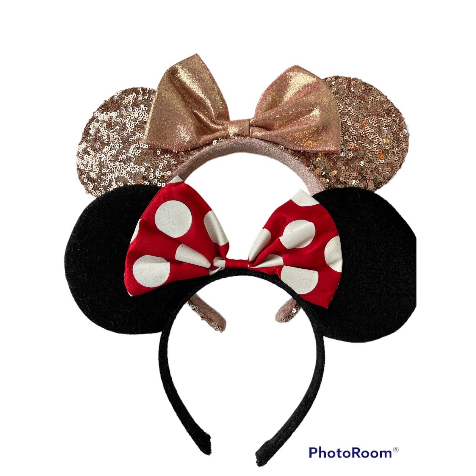 Set Of 2 Disney Parks Minnie Mouse Ears Rose Gold Sequin And Polka Dot Headband