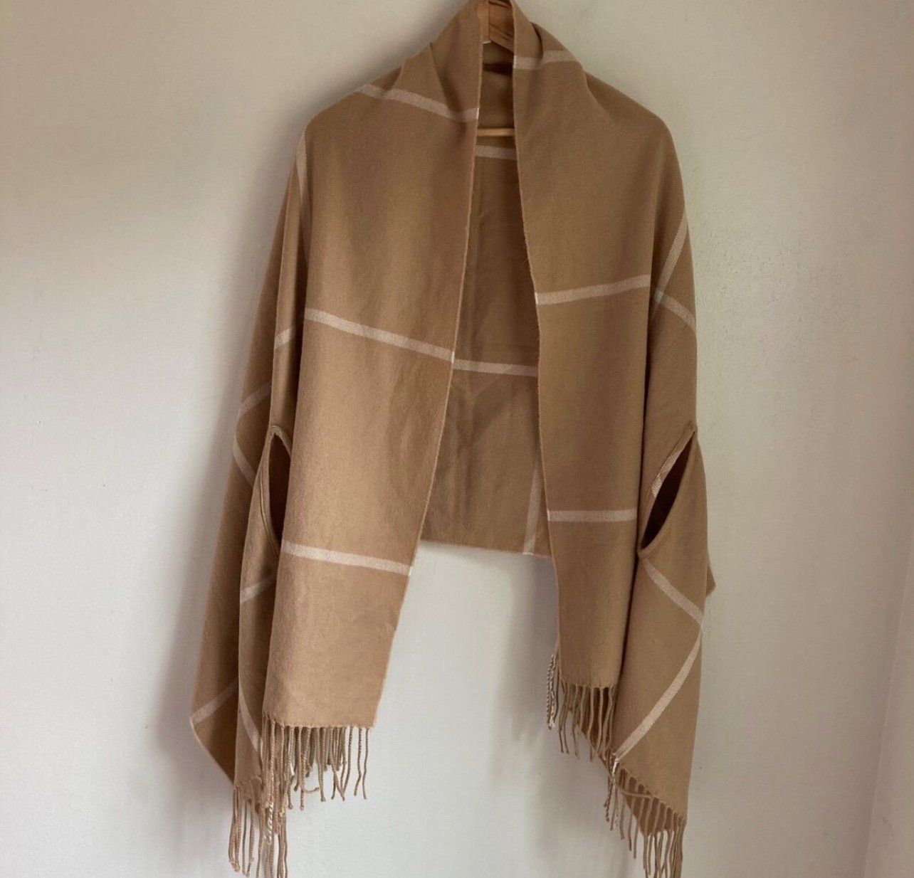 J. Crew Poncho Pashmina Scarf Cape Womens One Size Beige White Plaid Fringe