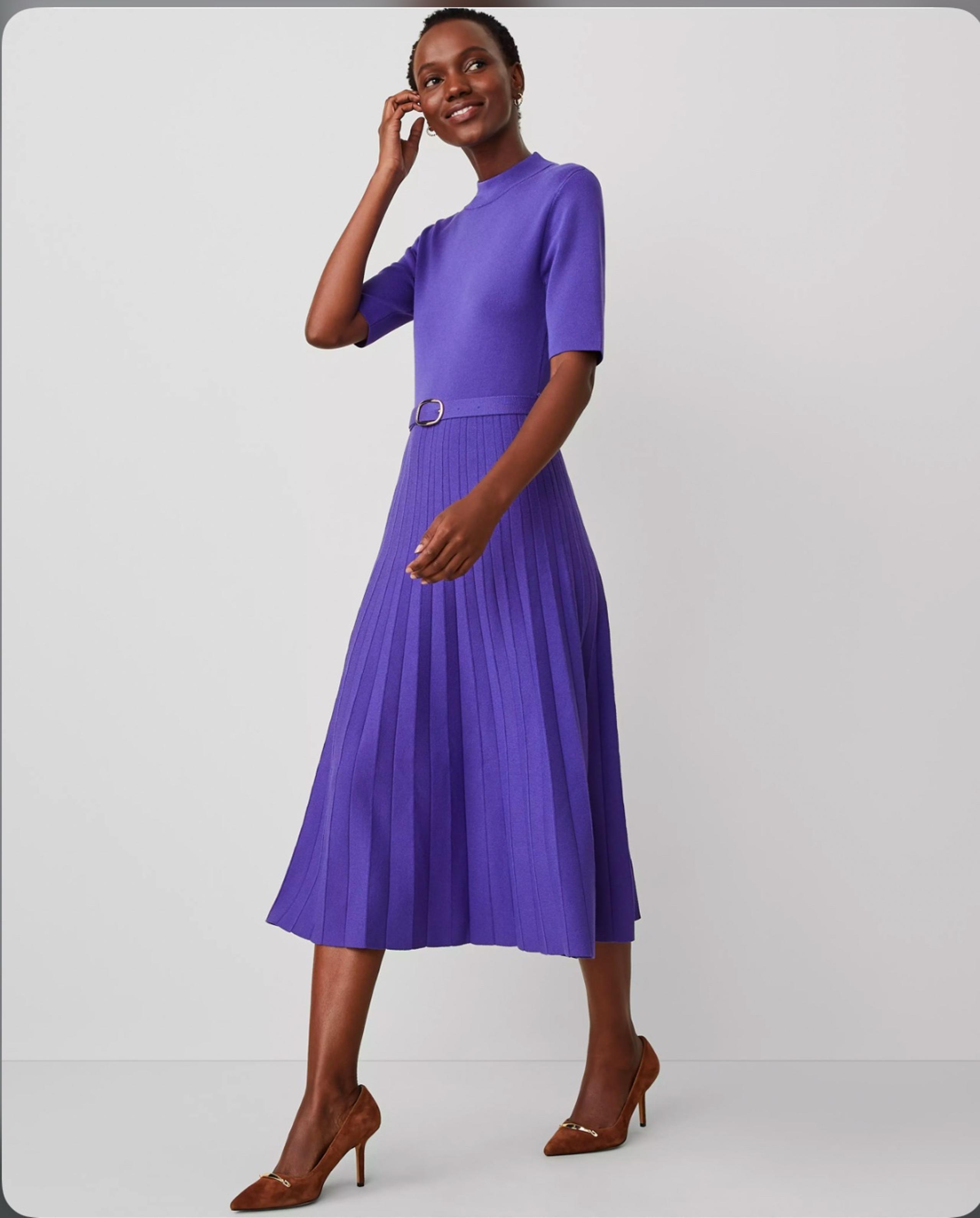 Ann Taylor - Mock Neck Belted Pleated Dress