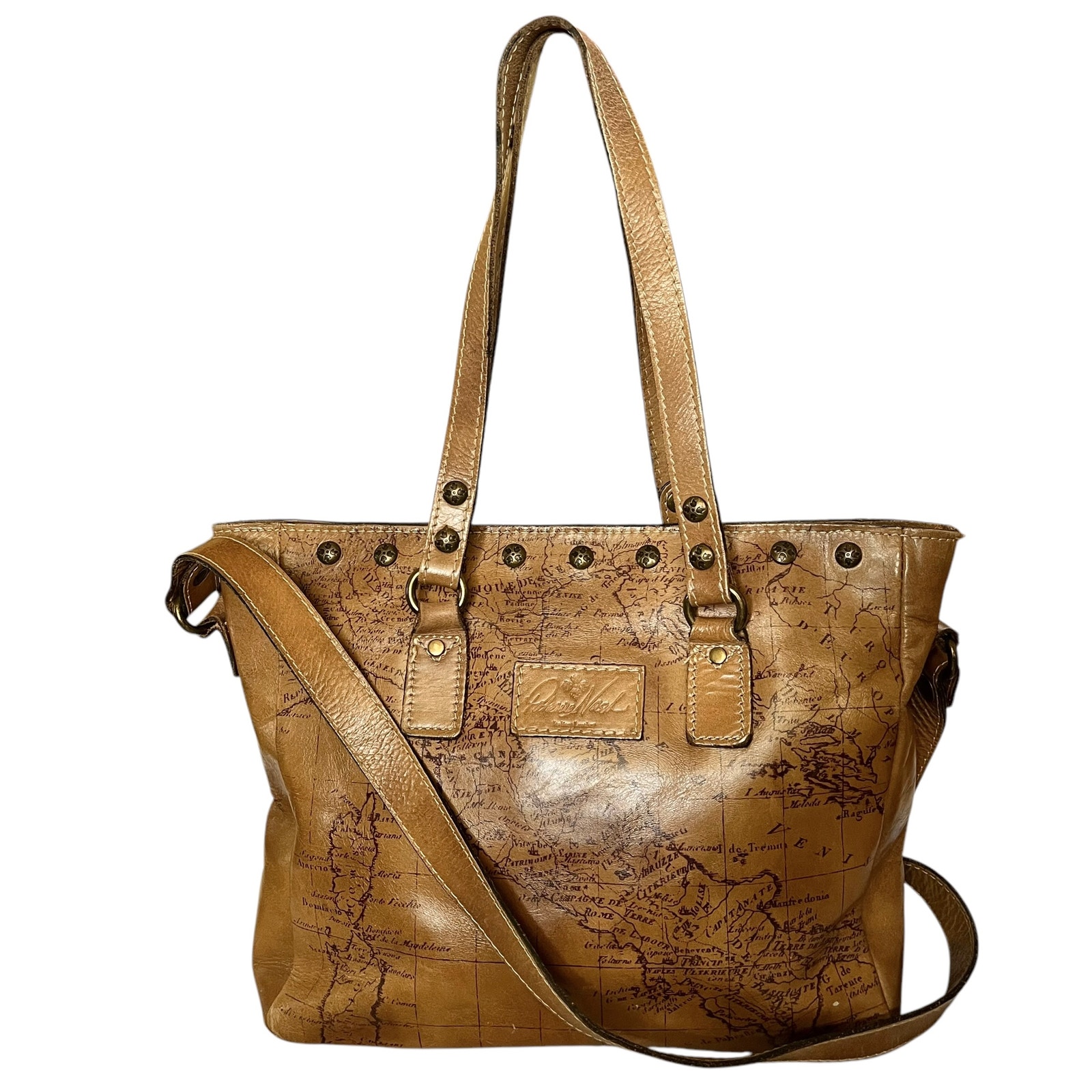 Patricia Nash Gava Signature Map Print Brown Leather Studded Tote Bag Crossbody
