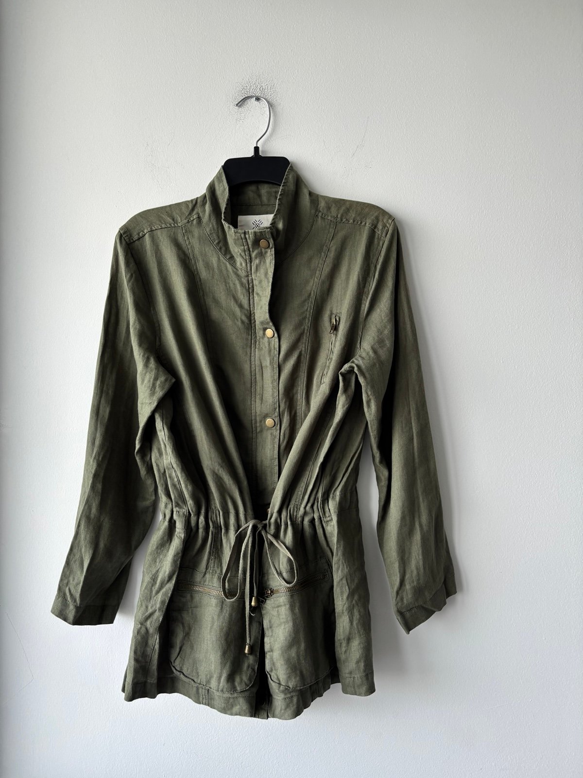 Artisan NY Jacket Green 100% Linen Drawstring Waist Anorak Women S Utility NWOT